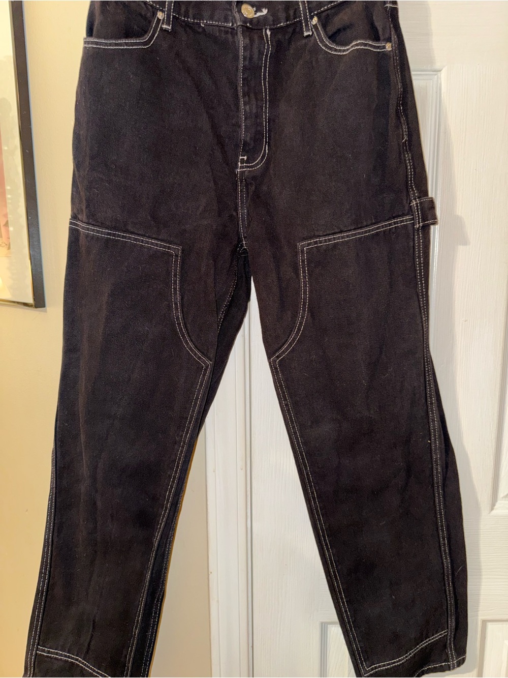 Black Wide Leg Cargo Pants - Contrast Stitching